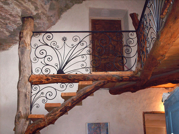Balustrade, stair railings, wrought iron in a peacock form 